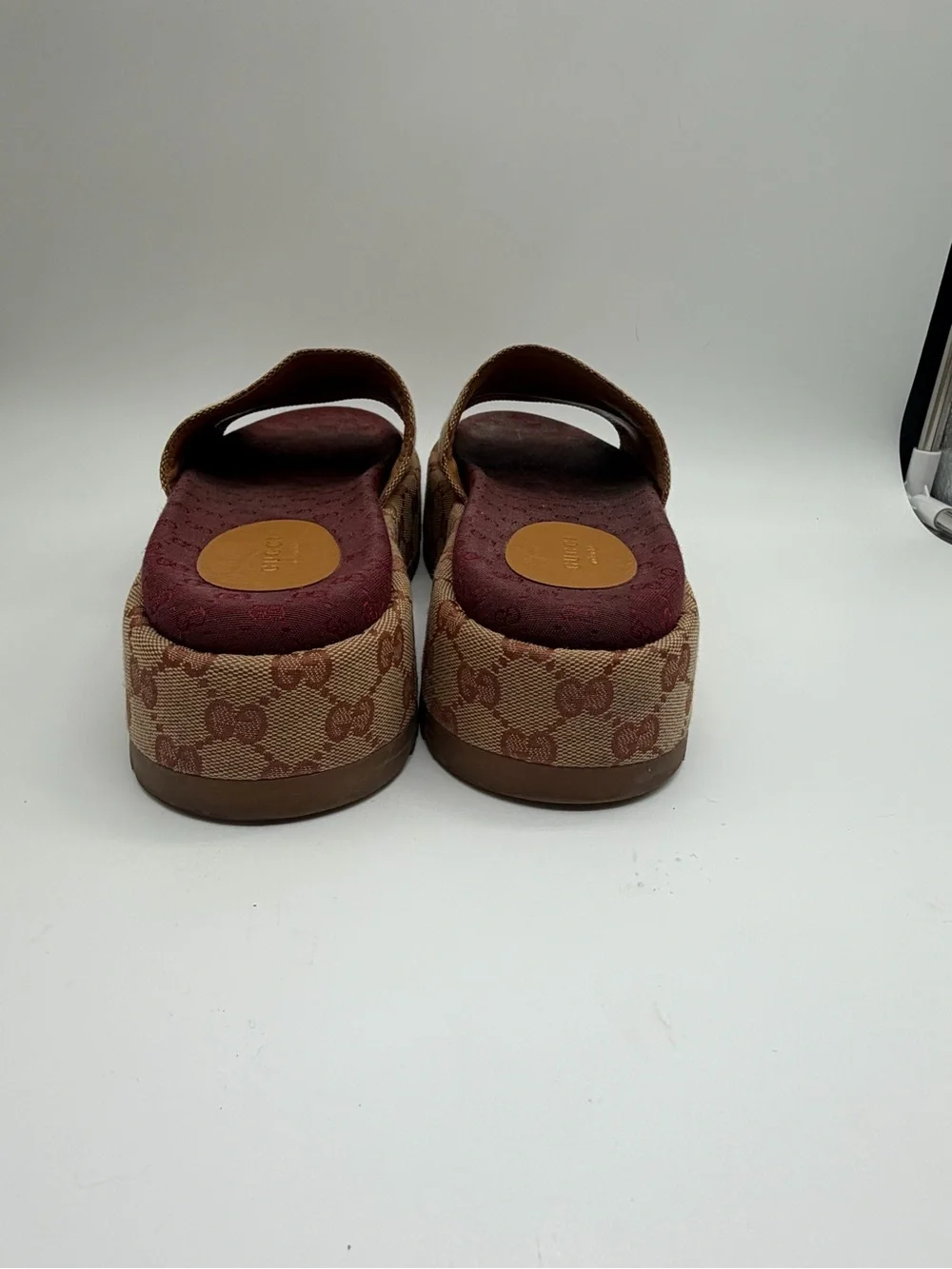 Gucci Tan Monogram Platform Slide Sandals - Women Sz 38 EU